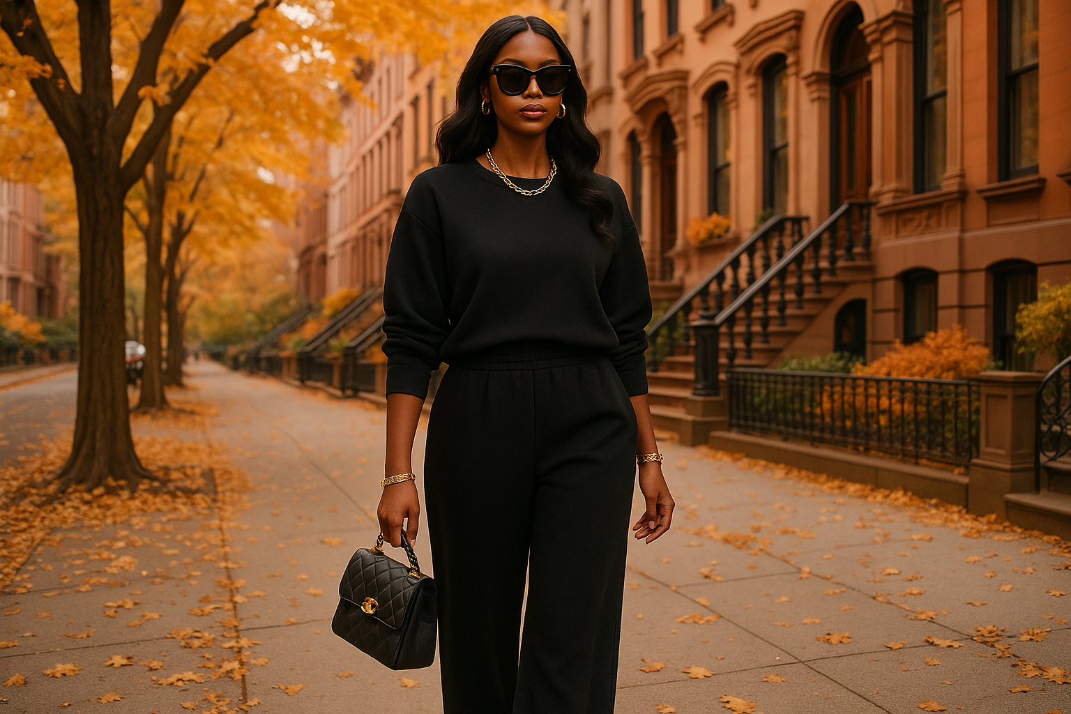 Please create a image of a black woman waling down the street in The Fall with the background being brownstones. She should be luxurious, and elevated, in a black wide leg jogger set with accessories.