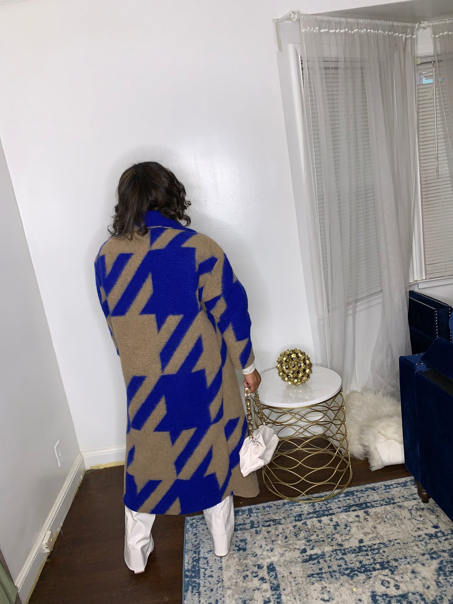 Houndstooth Wool Blend Duster- Blue