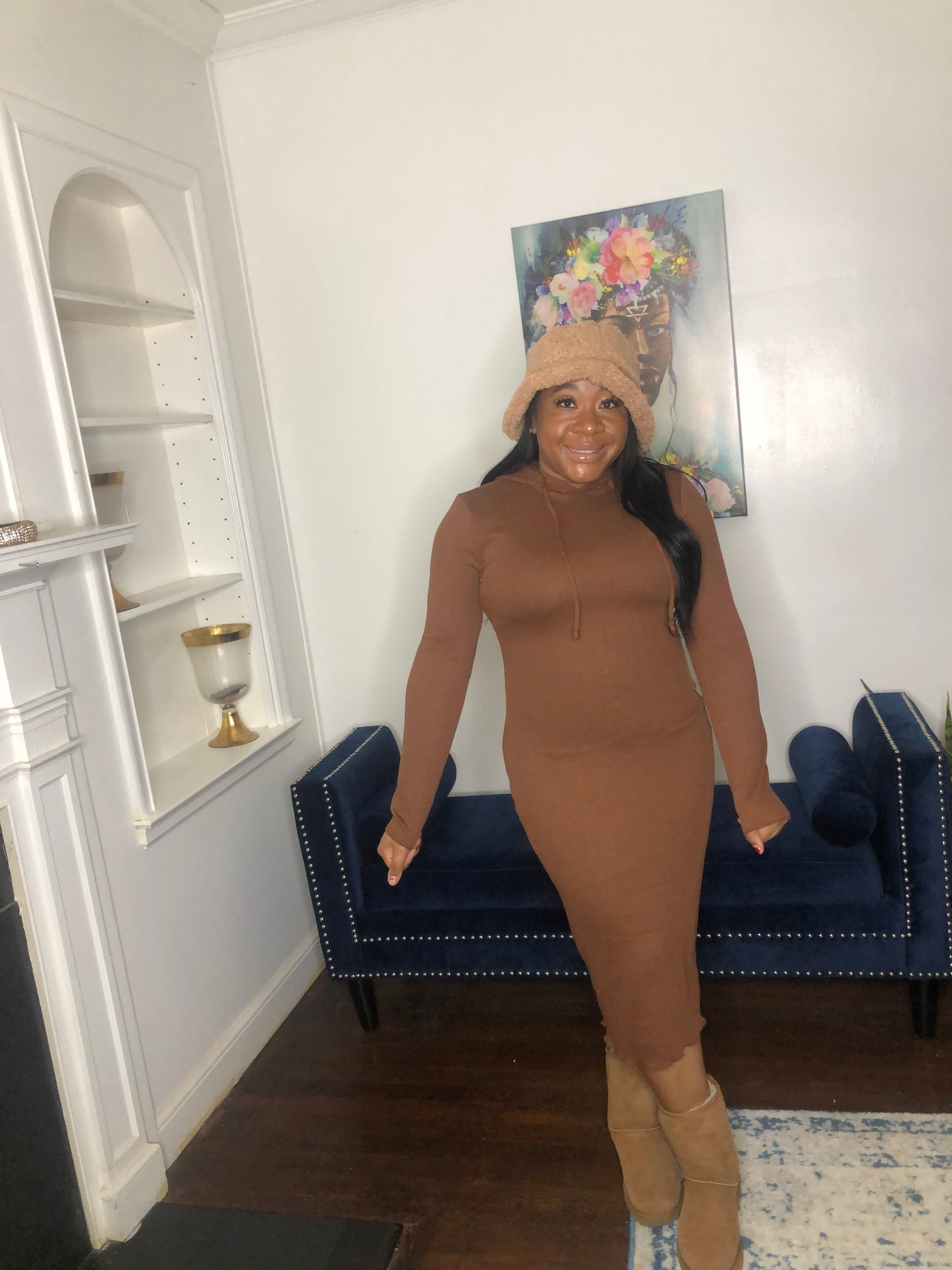 Ribbed Hoodie Dress - Chocolate