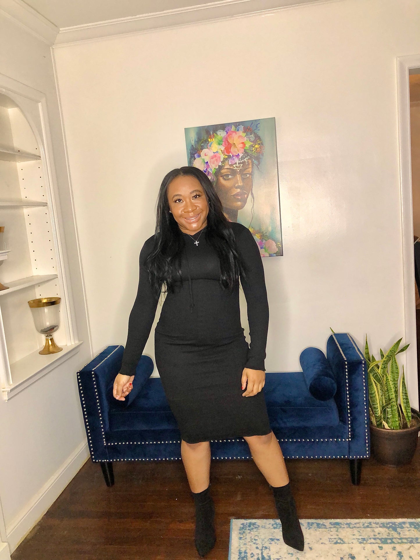 Ribbed Hoodie Dress -Black
