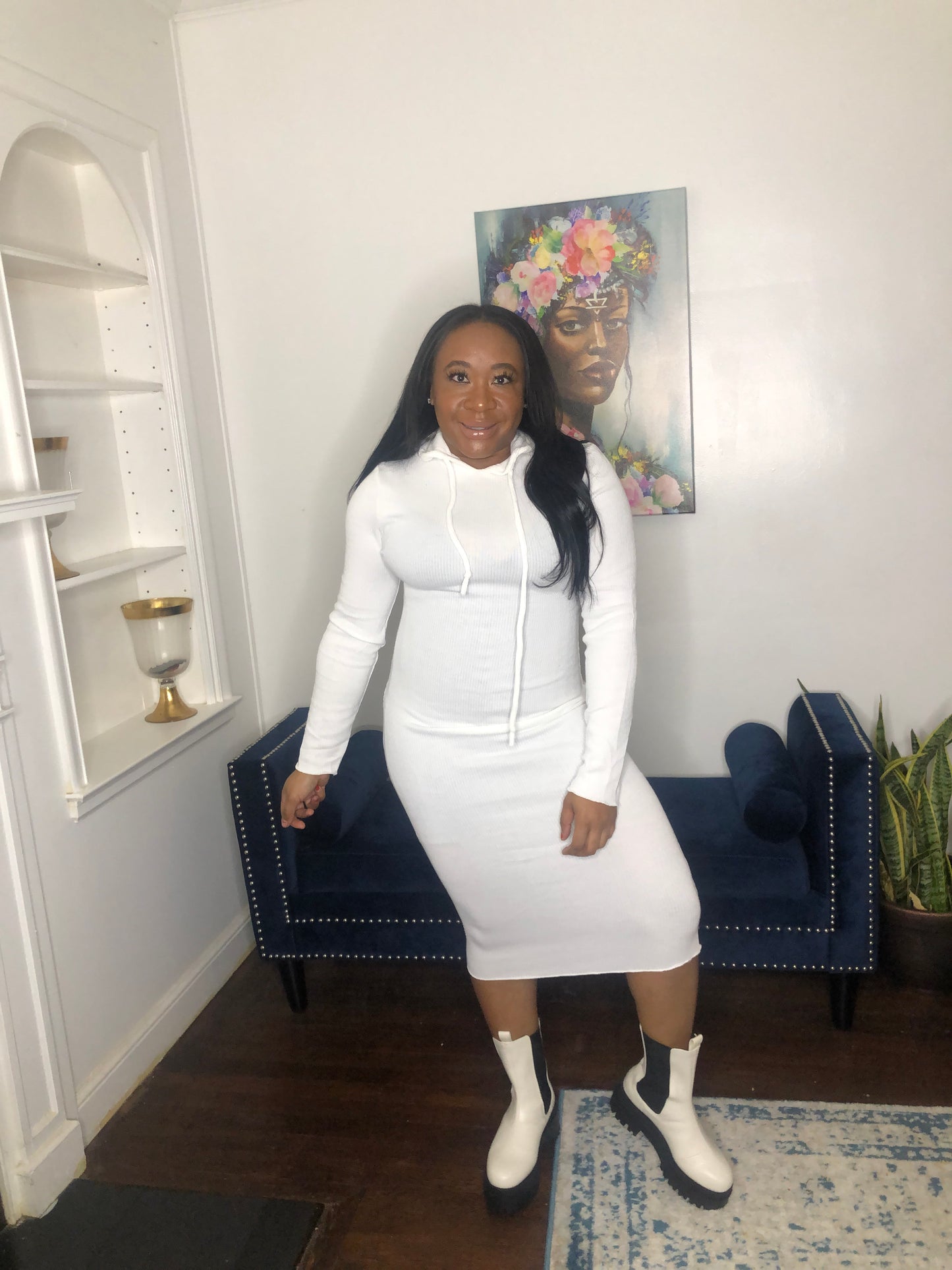 Ribbed Hoodie Dress- Cream