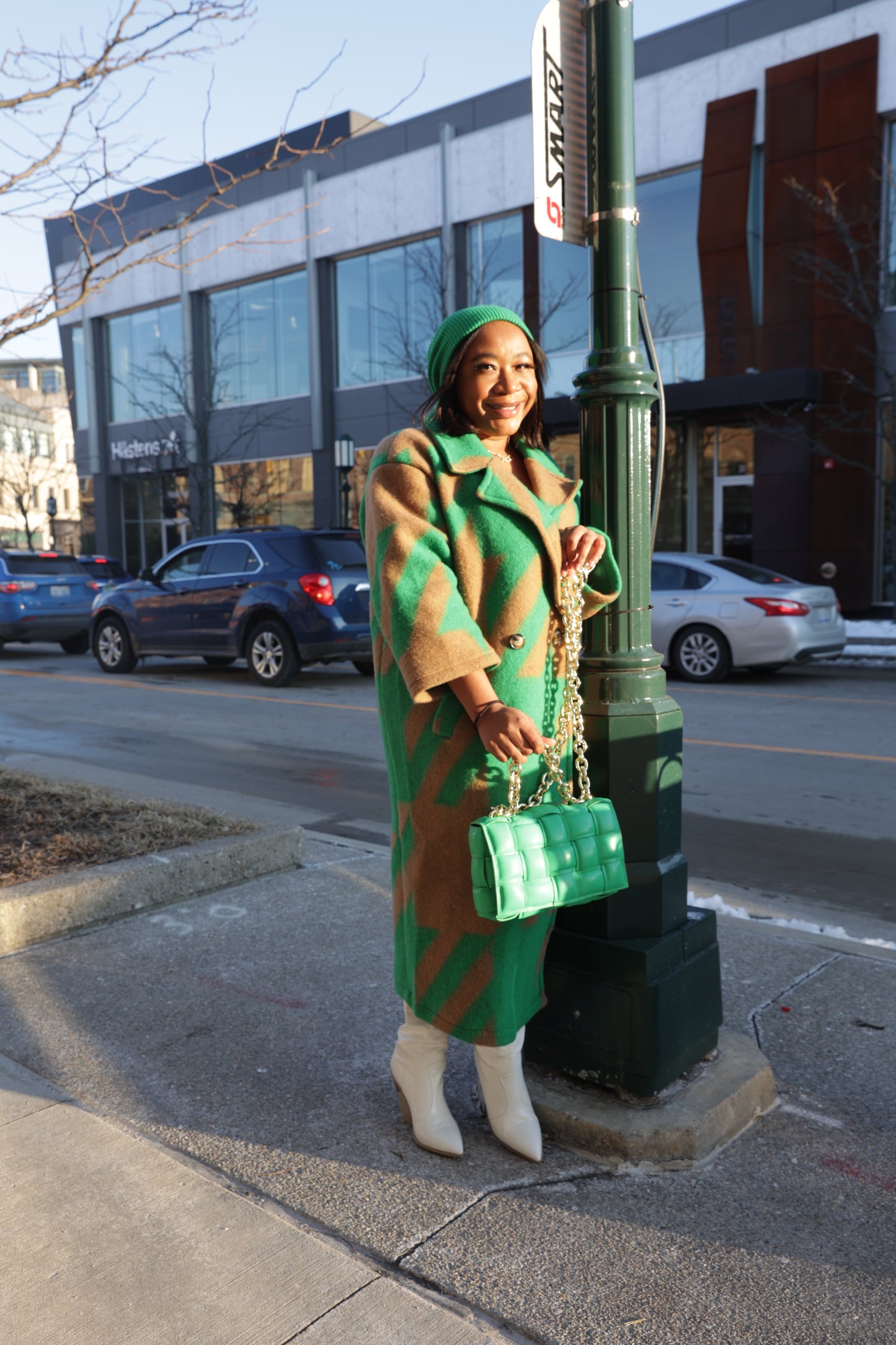 Houndstooth Wool Blend Duster- Green