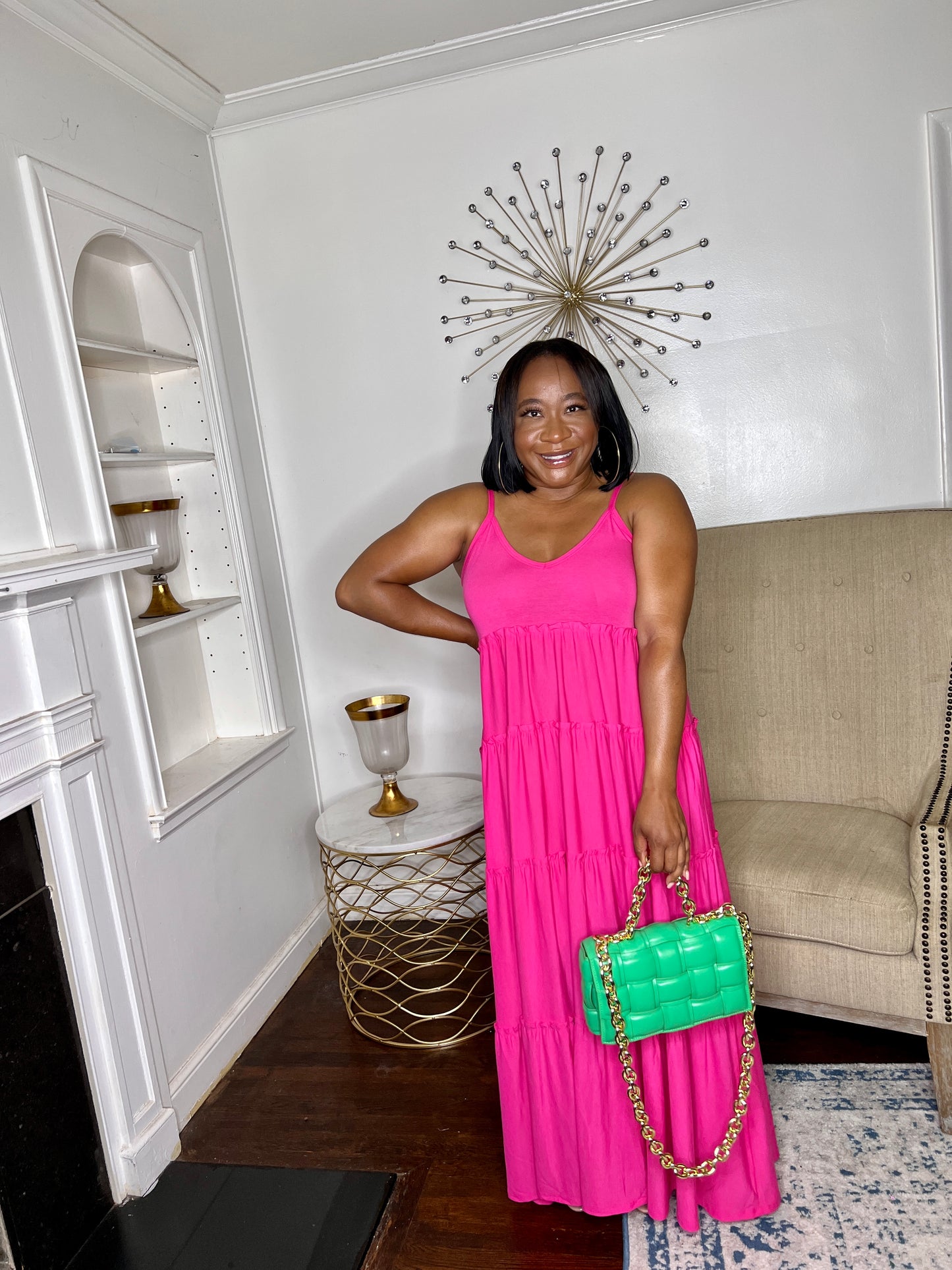 Tiered V-neck Maxi Dress- Fuschia