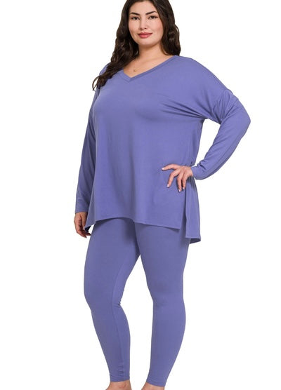 [Plus] V-neck Microfiber Legging Set- Marlin