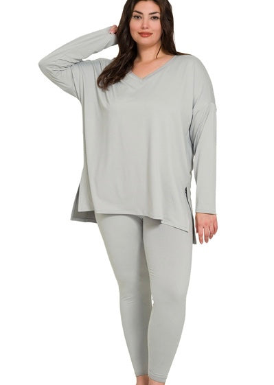 [Plus] V-neck Microfiber Legging Set- Light Grey