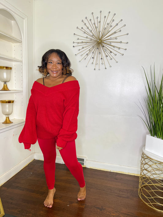 Red Waffle Knit V-neck Sweater