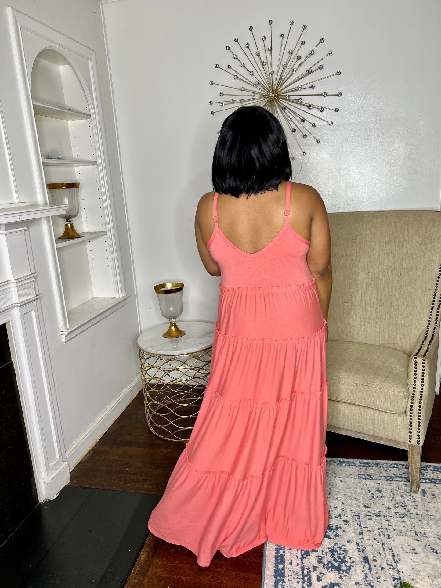 Tiered V-neck Maxi Dress- Coral